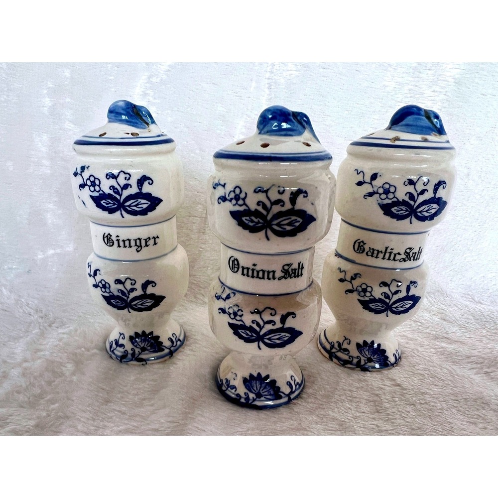 Vintage Blue Onion Decor Ceramic Spice Jar Set Garlic Salt Onion Ginger Japan - Picture 2 of 15